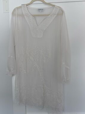 Cleopatra White Sheer Sequin Palm-Embroidered Swim Coverup